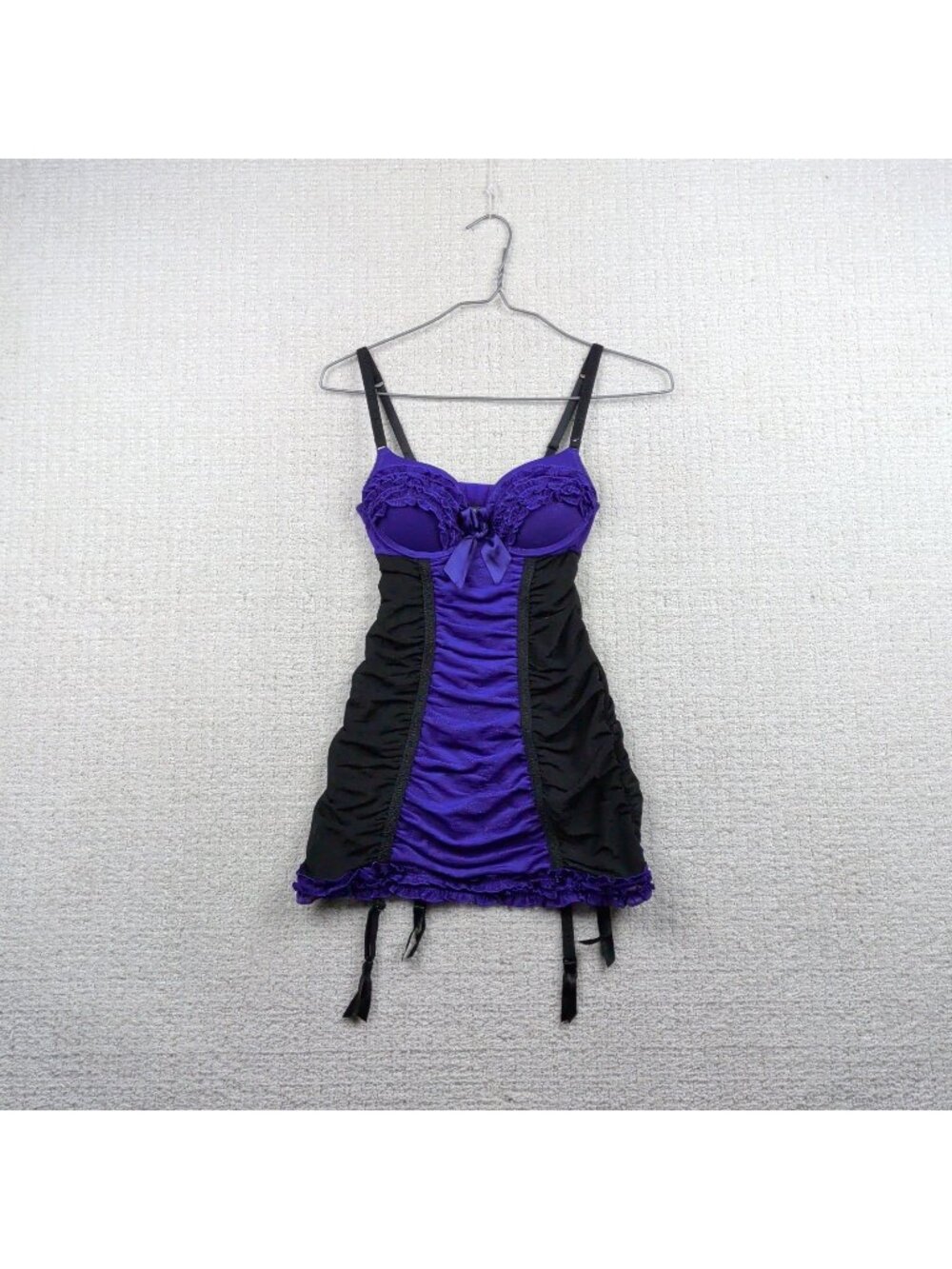 Y2K La Senza Beyond Cleavage Baby Doll Purple Ruched Bodycon Coquette Glam Sz XS